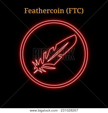 Red Neon Feathercoin (ftc) Cryptocurrency Symbol. Vector Illustration Eps10 Isolated On Black Backgr