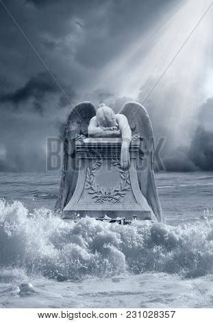 A Grieving Angel Statue Being Hit With Crashing Waves, As A Premade Background.