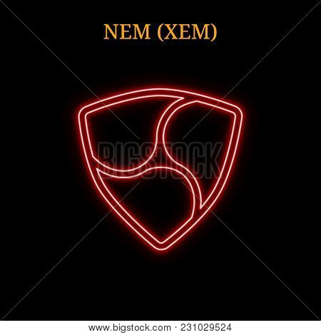 Red Neon Nem (xem) Cryptocurrency Symbol. Vector Illustration Eps10 Isolated On Black Background