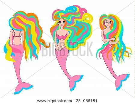 Set Of Mermaids With Colorful Hair Vector