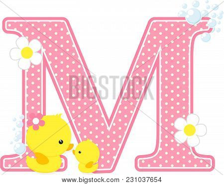 Initial M With Bubbles And Cute Rubber Duck Isolated On White. Can Be Used For Baby Girl Birth Annou