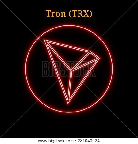 Red Neon Tron (trx) Cryptocurrency Symbol. Vector Illustration Eps10 Isolated On Black Background