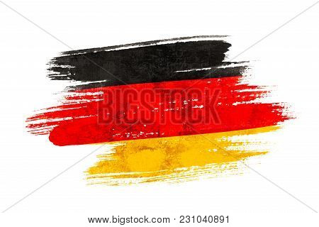 Art Brush Watercolor Painting Of Germany Flag Blown In The Wind Isolated On White Background.