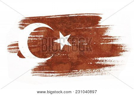 Art Brush Watercolor Painting Of Turkish Flag Blown In The Wind Isolated On White Background.