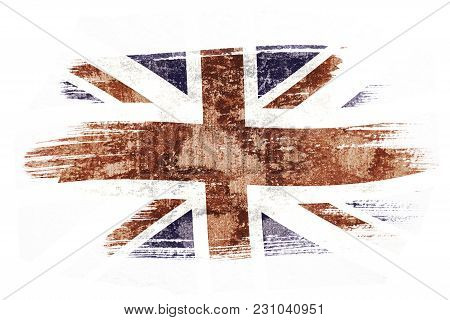 Art Brush Watercolor Painting Of Uk Flag Blown In The Wind Isolated On White Background.