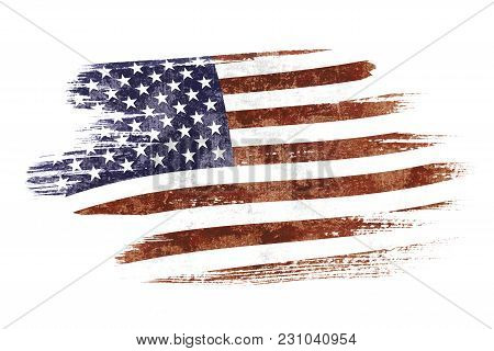 Art Brush Watercolor Painting Of Usa Flag Blown In The Wind Isolated On White Background.