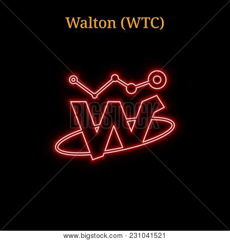 Red Neon Walton (wtc) Cryptocurrency Symbol. Vector Illustration Eps10 Isolated On Black Background