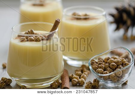 Boza Or Bosa, Traditional Turkish Drink With Roasted Chickpeas And Cinnamon
