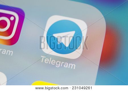 Sankt-petersburg, Russia, March 13, 2018: Telegram Application Icon On Apple Iphone X Screen Close-u