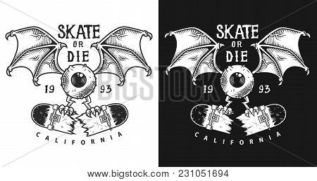 Monochrome Emblem Design With Eye Wings And Cracked Skate, Vector Illustration
