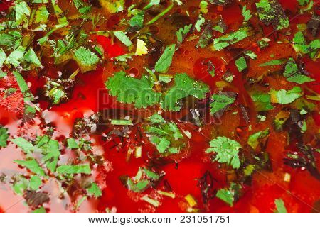 Ukrainian Russian Traditional Vegetarian Red Soup - Borsch. Top View.