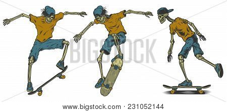 Set Of Skeletons Skateboarders. Vector Colour Illustration