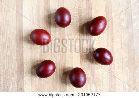 Red Colorful Easter Eggs On Wooden Background