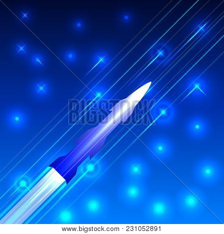International Day Of Human Space Flight. Space Rocket Is Flying Among Stars. The Effect Of Motion. D