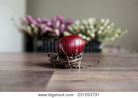 Easter Egg In The Nest On Grey Background