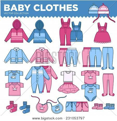 Baby Clothes For Little Boys And Girls Collection. Warm Sweaters, Cute Overalls, Stylish Dresses, Co