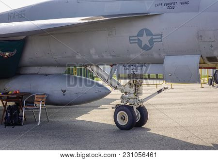 Singapore - Feb 10, 2018. A Boeing F/a-18e Super Hornet Fighter Aircraft Of United States Navy Carry