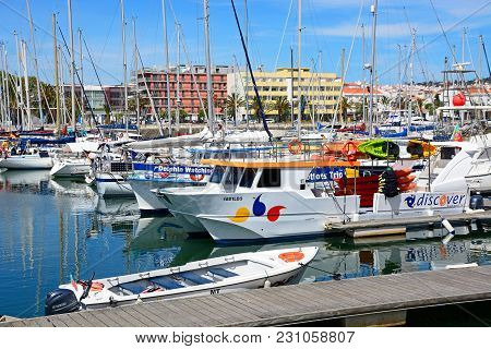 Lagos, Portugal - June 9, 2017 - View Of Boats And Yachts Moored In The Marina De Lagos, Lagos, Alga