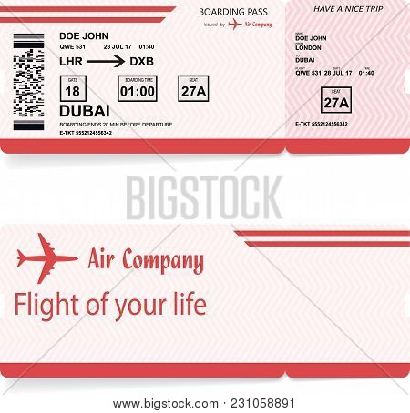 Red Vector Airline Passenger And Baggage Boarding Pass Ticket With Barcode. Concept Of Travel Or Jou
