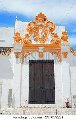 Lagos, Portugal - June 9, 2017 - Traditional Portuguese Doorway In A Regimental Warehouse Building (