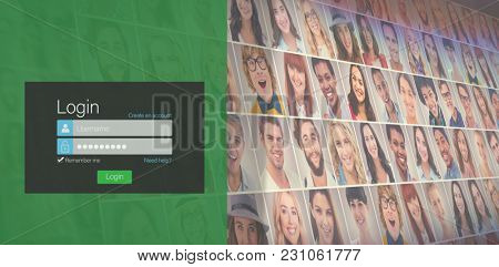 Close-up of login page against collage of portraits
