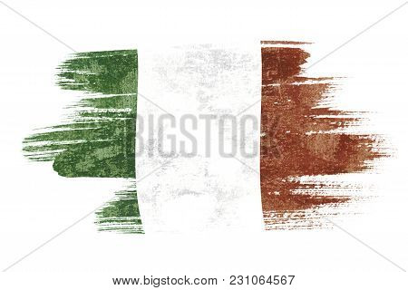 Art Brush Watercolor Painting Of Italy Flag Blown In The Wind Isolated On White Background.