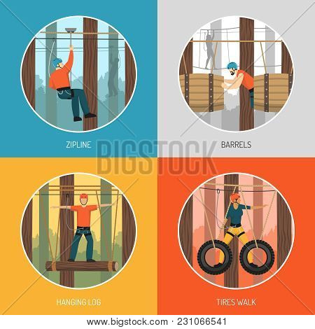 Ropes Course Outdoor Adventure Concept 4 Flat Icons With Zip Line Tour And Tires Walking Vector Illu