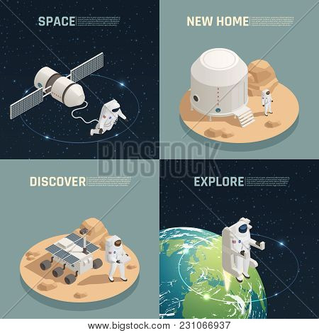 Space Research Exploration Discoveries 4 Isometric Icons Square With Astronaut Landing On Alien Plan