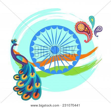 Independence Day Holiday Poster With Indian National Flag, Wheel Silhouette And Colorful Peacock Wit