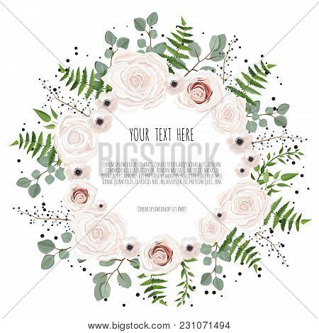 Floral Card Design With Pink, Creamy White Garden Rose. Vector Luxury Elegant Greeting, Invite, Post