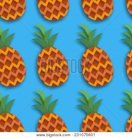 Pineappple Seamless Pattern. Anana In Paper Cut Style. Origami Healthy Food On Blue. Summertime. Vec