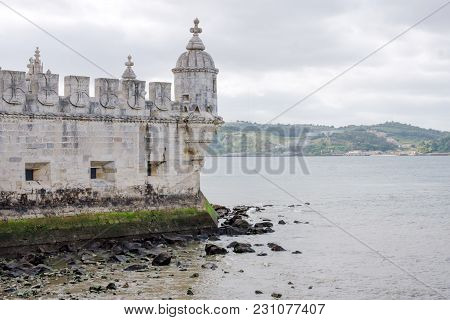 Wall Of The Belem Tower Torre De Belem On The Tagus River, Lisbon, Portugal
