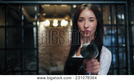 Beautiful Brunette Hairstylist With Professional Hair Dryer Look In Camera And Smiles In Hair Salon.