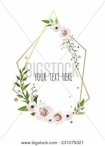 Vector Floral Card Design With Elegant Bouquet Wreath With Pink Anemone Flowers And Rose. Greeting D