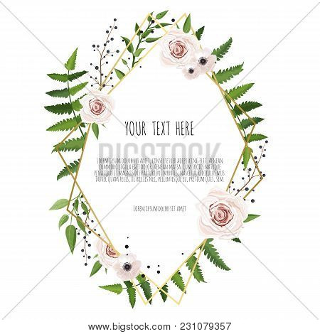 Vector Floral Card Design With Elegant Bouquet Wreath With Pink Anemone Flowers And Rose. Greeting D