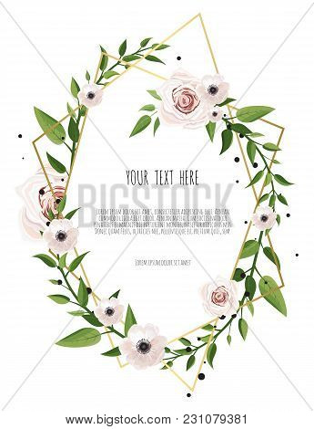Vector Floral Card Design With Elegant Bouquet Wreath With Pink Anemone Flowers And Rose. Greeting D