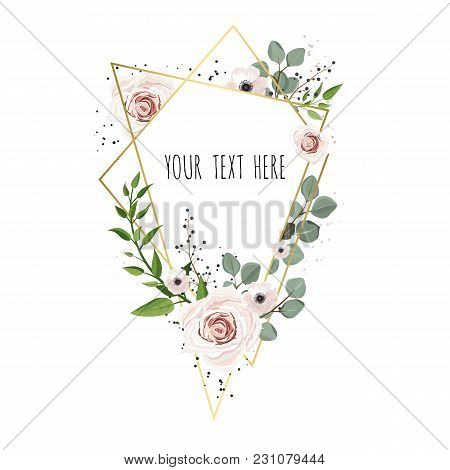Vector Floral Card Design With Elegant Bouquet Wreath With Pink Anemone Flowers And Rose. Greeting D