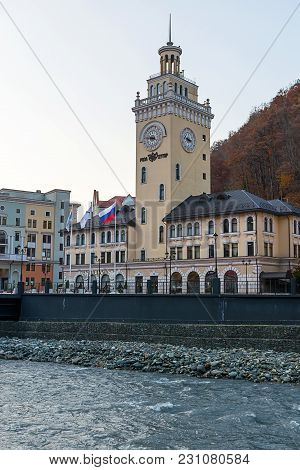 Sochi, Russia - November 16, 2017: Baywalk Nearby Rosa Khutor. Olympic Village Roza Khutor
