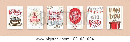Bundle Of Birthday Greeting Card, Postcard Or Party Invitation Templates Decorated With Handwritten 