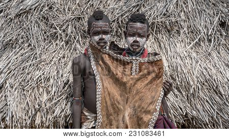 Omo Valley, Ethiopia, September 2017: Portrait Of Unidentified Karo Tribe Children In Colcho, Omo Va