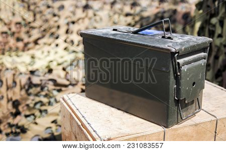 Dark Green Steel Box In Military Concept