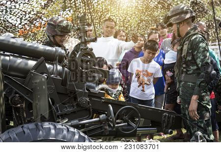 13 January 2018,nakornrachasima,thailand. Soldier Army Show Canon Weapon To People In Kid Days Festi