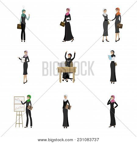 Business, Finance And Office Employees, Busy At Work Set Of Cartoon Successful Arabic Businesswoman 