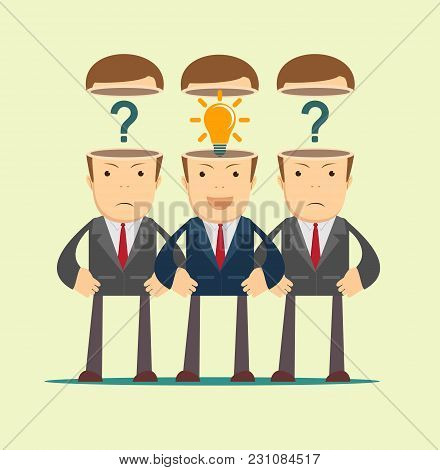 Leadership Concept With Crowd Of Businesspeople With Question Marks And Lightbulb In The Open Heads 