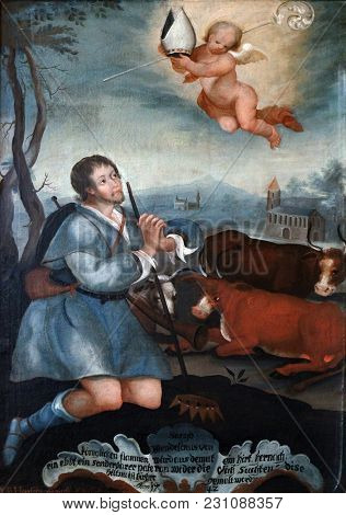 LEUTERSHAUSEN, GERMANY - JULY 05: Saint Wendelin, altarpiece in the Church of Saint Bartholomew in Leutershausen, Germany on July 05, 2017.