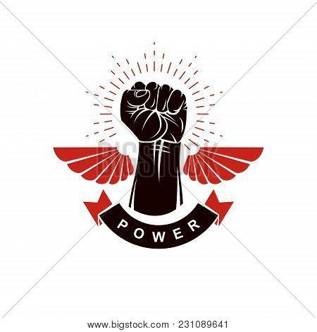 Raised Strong Clenched Fist Winged Logo. Best Fighter Vector Symbol, Champion Concept.