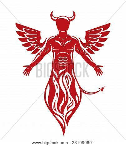 Vector Illustration Of Human, Horned Frightening Creature Made With Bird Wings. Evil Spirit, Flame D