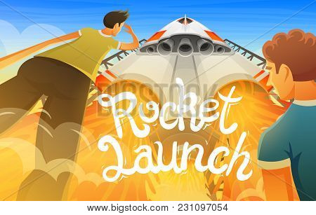 Rocket Launch. International Spaceship, Shuttle In Space, Bottom View. Technology And Science, Ship 