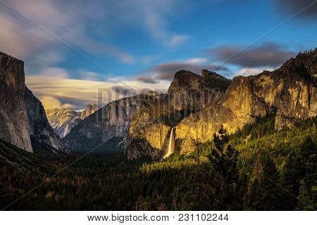 Yosemite Valley And Bridalveil Fall At Sunset From Tunnel View, California. Long Exposure.