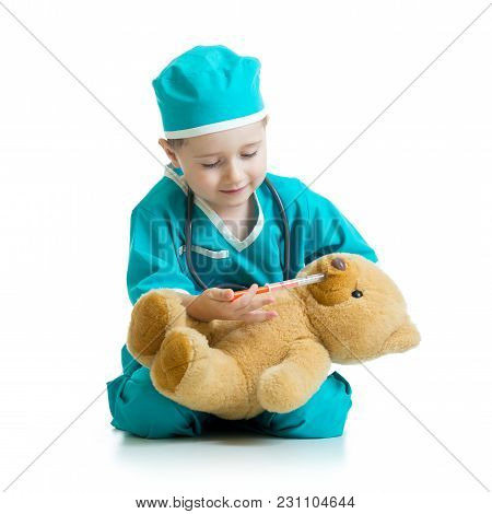 Boy Kid Playing Doctor With Teddy Bear